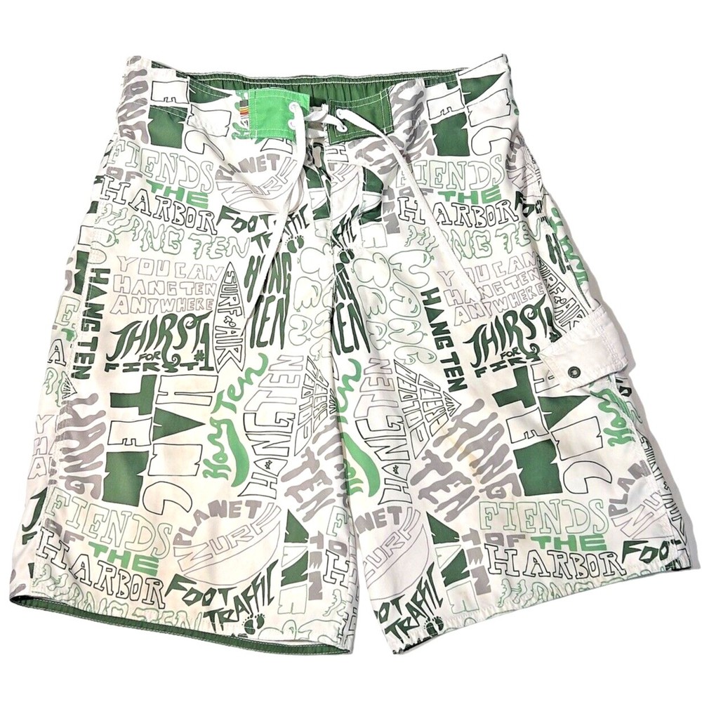 Hang Ten Board Shorts Green White Graffiti Cargo Pocket‎ Lined Sz Med